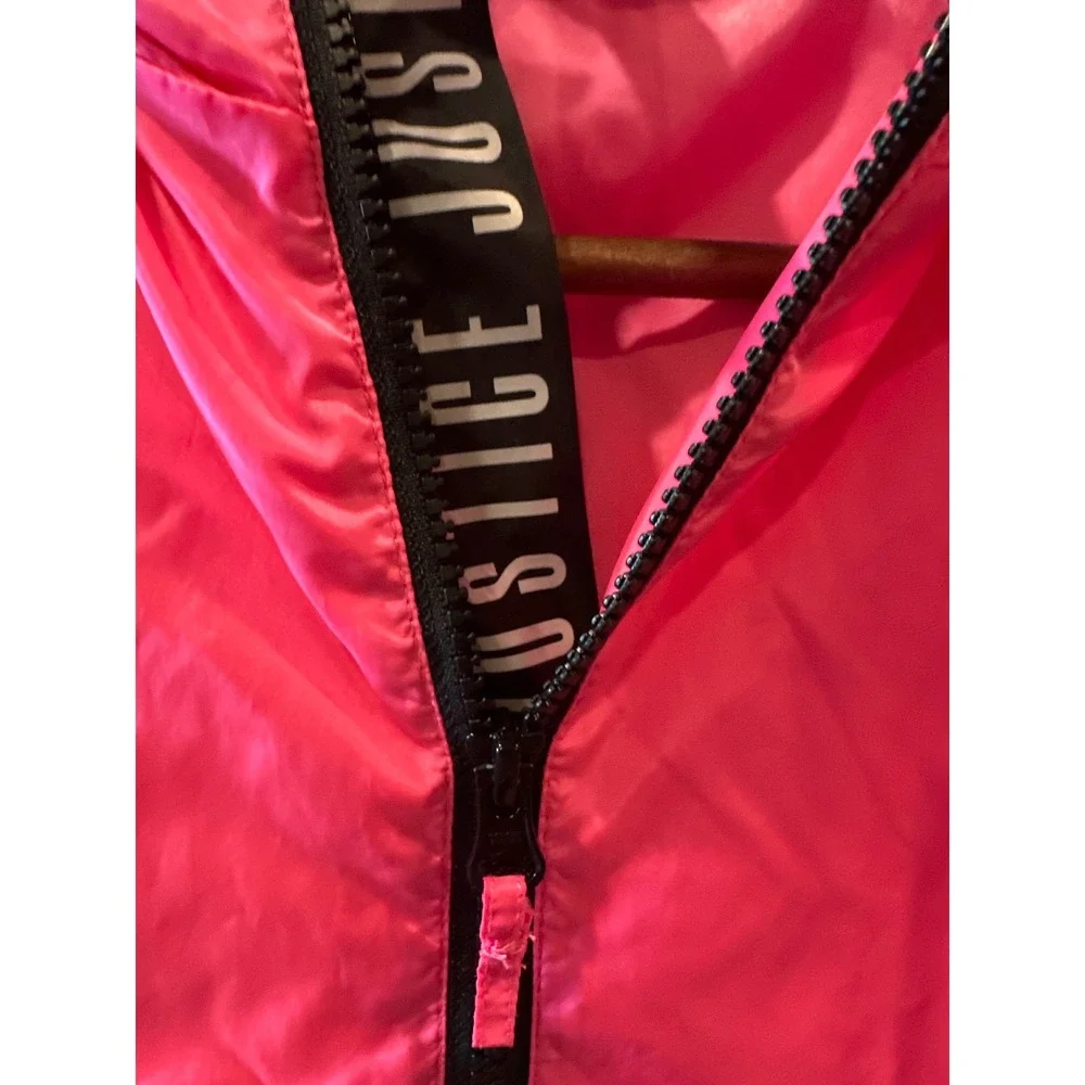 Justice Girls Neon Pink Windbreaker Hooded Jacket Logo Zip Mesh Lined Size 10